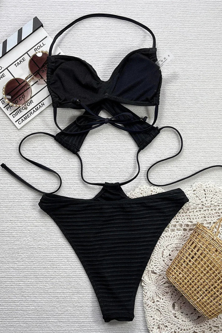 Best bikinis for summer Ribbed Cut Out Halter Backless One Piece Swimsuit
