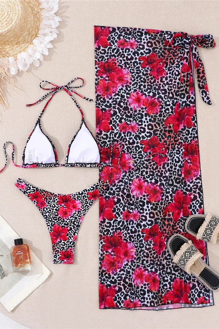 Bikini set with floral and leopard print 