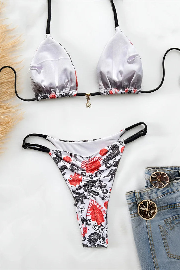 Bikini set with floral pattern on a white surface 