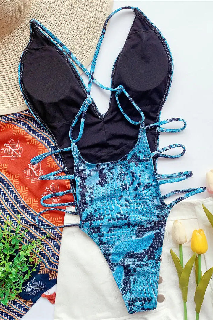 Bikini tops for all sizes Sexy Deep V Snake Skin One Piece Swimwear
