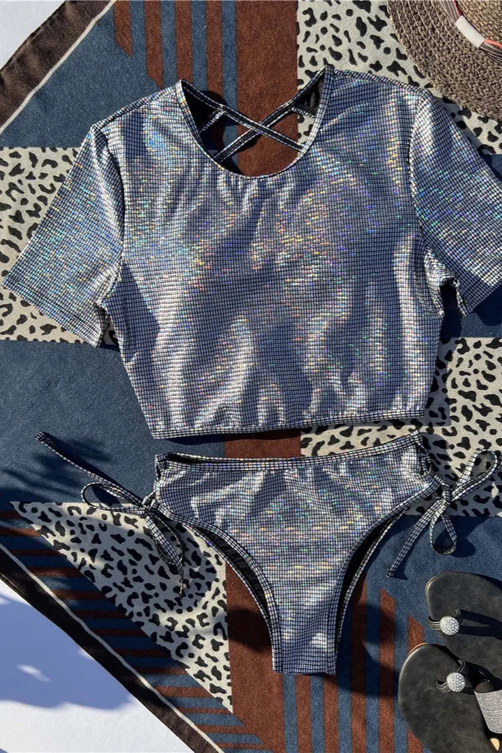 Bikinis online Bling Cross Back Crop Top Short Sleeve Bikini Set for Women