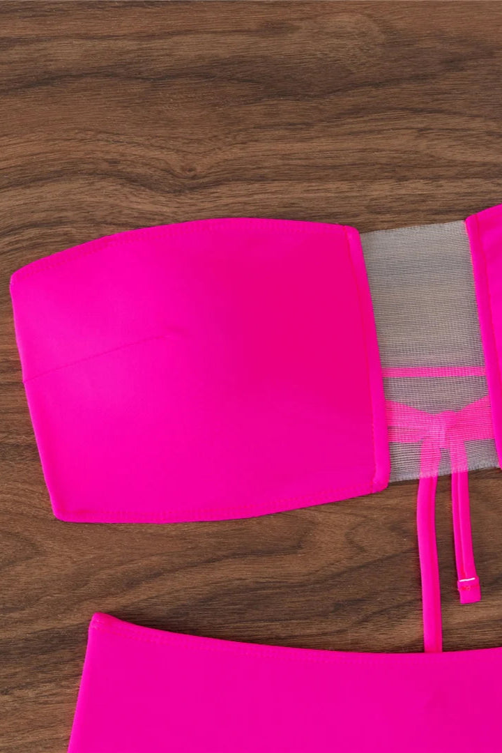 Bikinis online Hot Pink Sheer Bandeau High Waist Bikini Set for Women