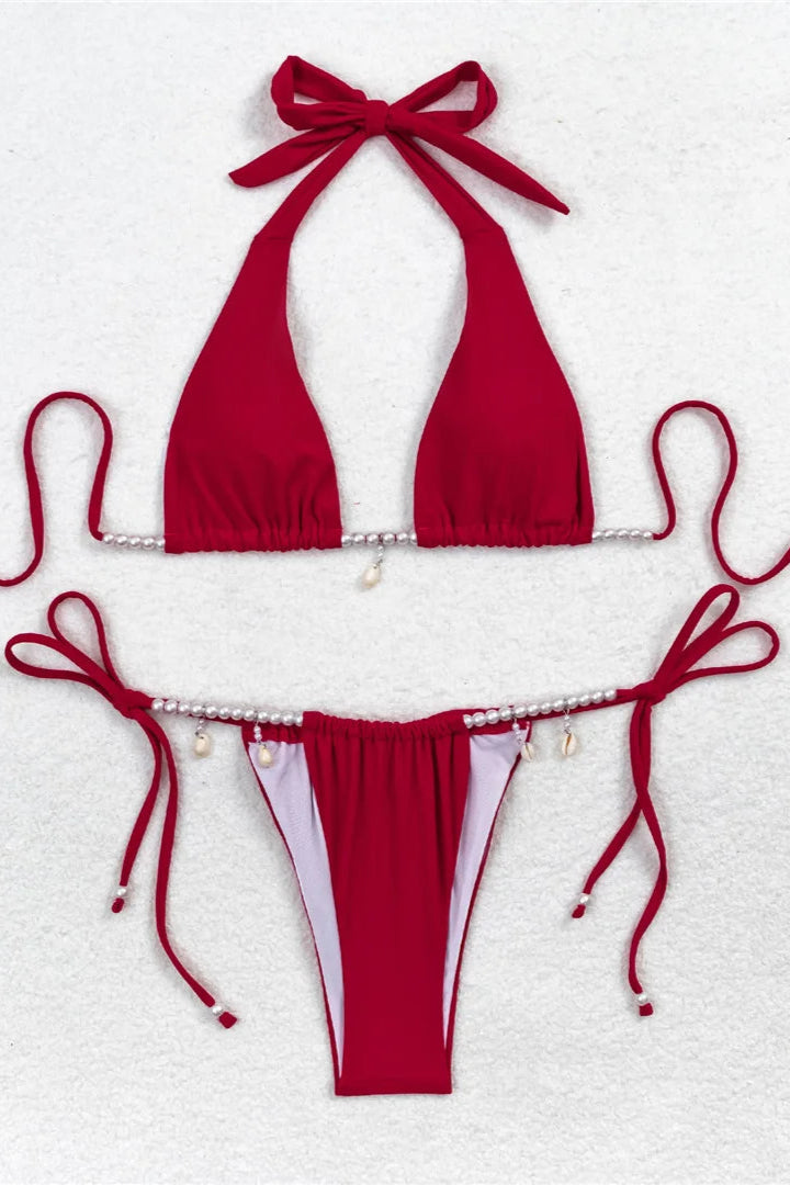 Bikinis online Pearl Detail Halter Strappy High Leg Bikini Set Swimwear for Women