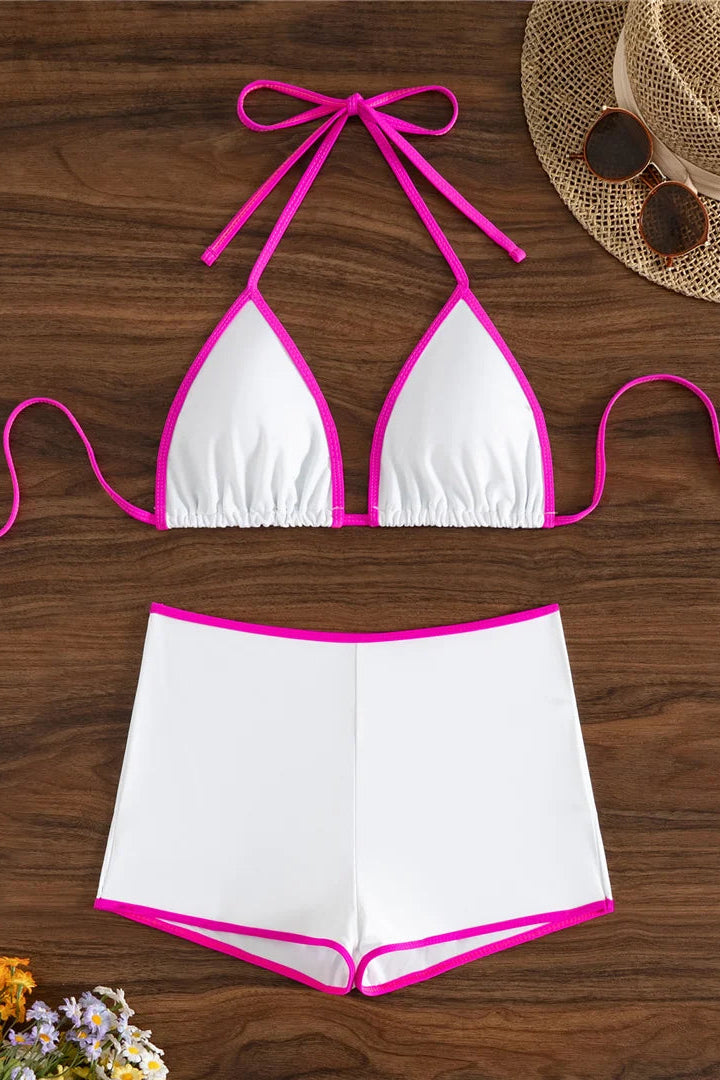 Bikinis online Pink-Trimmed White Halter Bikini Set with Mid Waist Bottoms