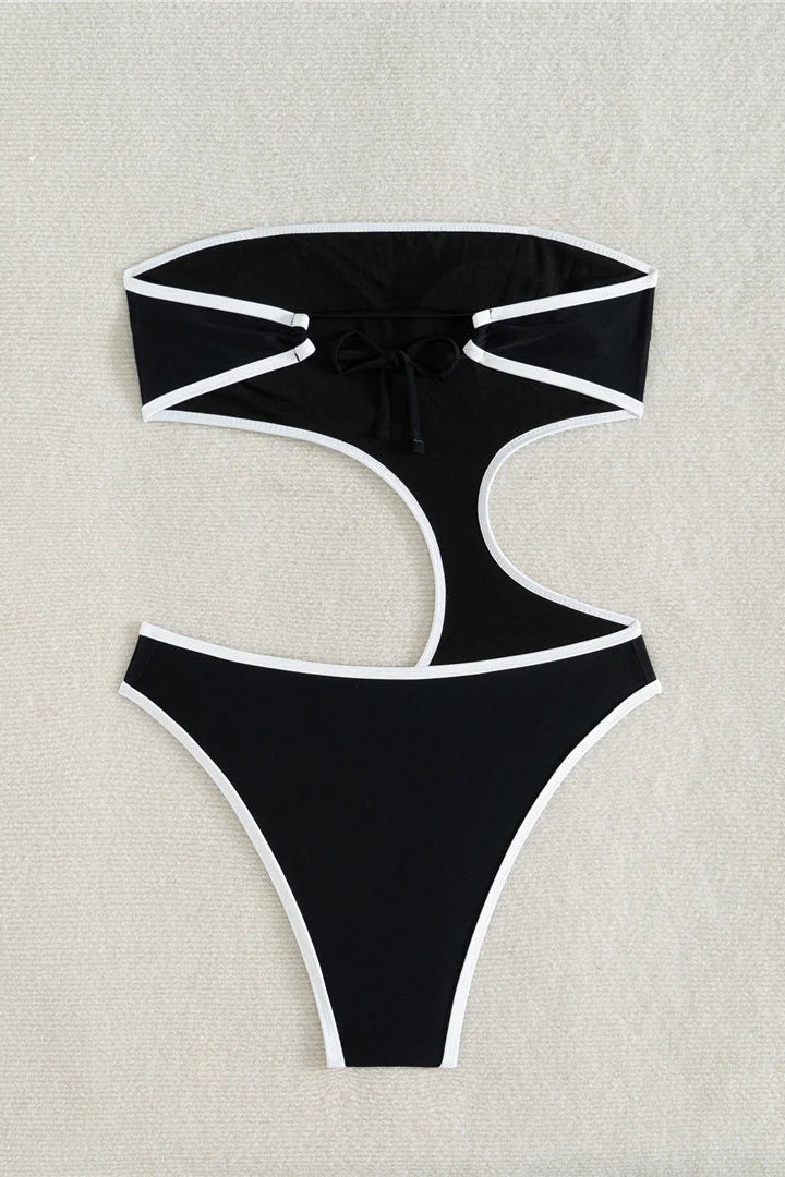 Black Asymmetric Bandeau Cut-Out High Leg padded polyester One-Piece Monokini with white trim
