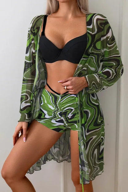 Black Green Printed Bikini with Cover-Up