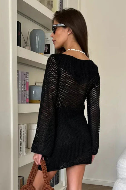 Black Summer Knit Dress – V-Neck Beach Cover-Up