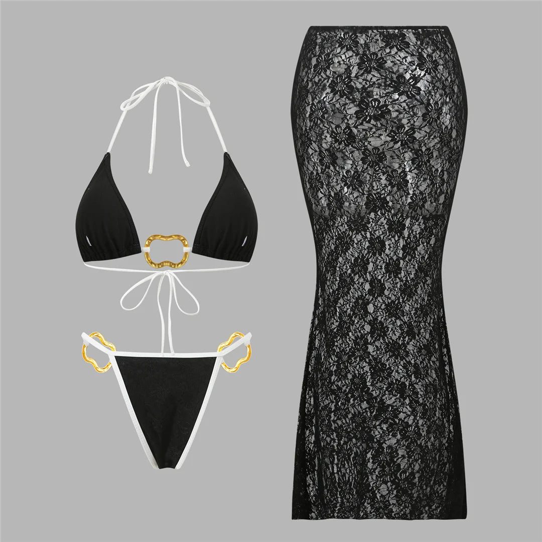Black and white halter neck bikini set with Flowy sheer patterned black cover up fishtail skirt 