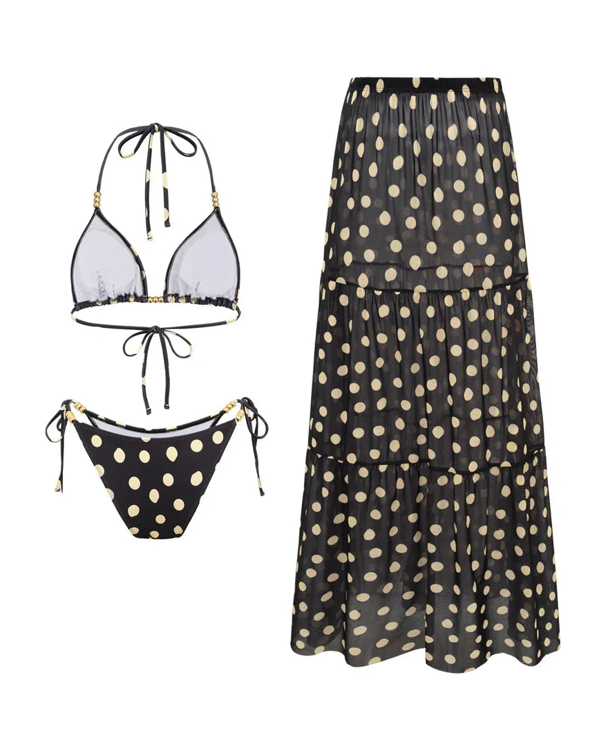 Black and white polka dot padded bikini set with a matching skirt