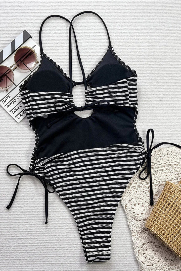 Black and white striped monokini with pads and cross back lace up