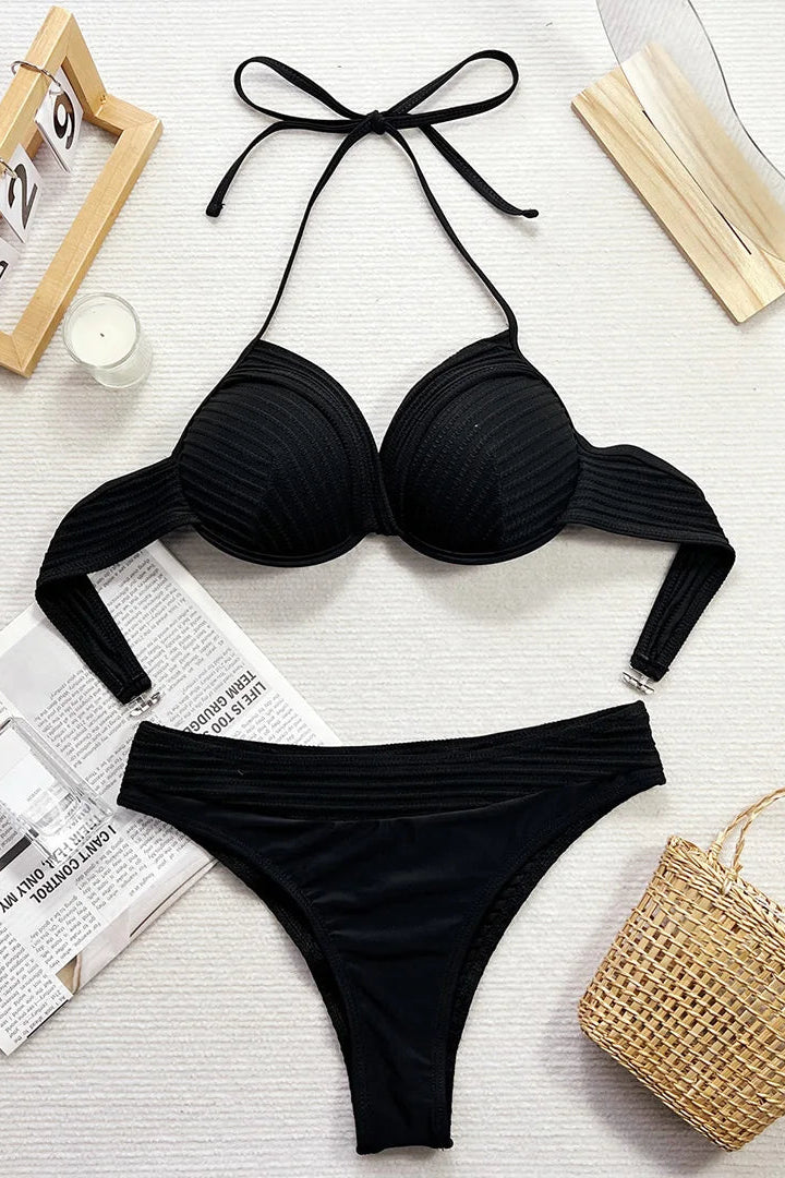 Black bikini set halter neck lace up with bottom