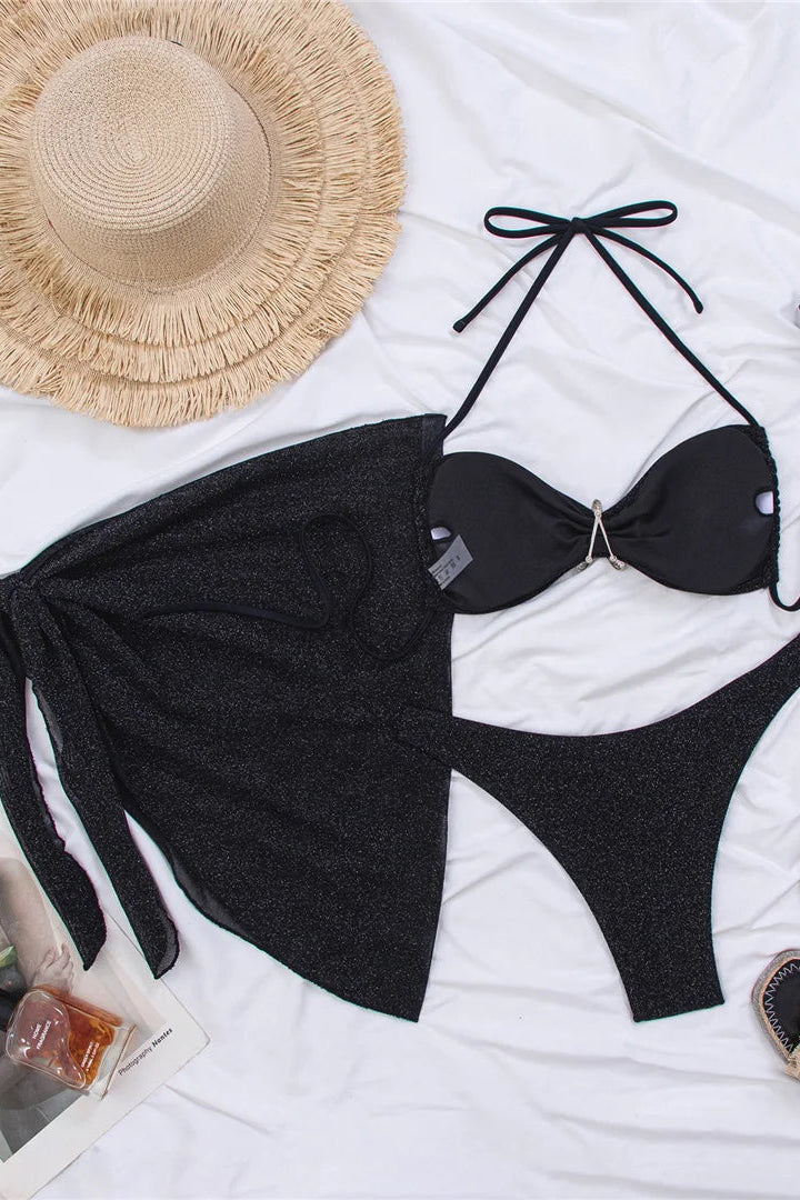 Black bikini set with cover up sarong