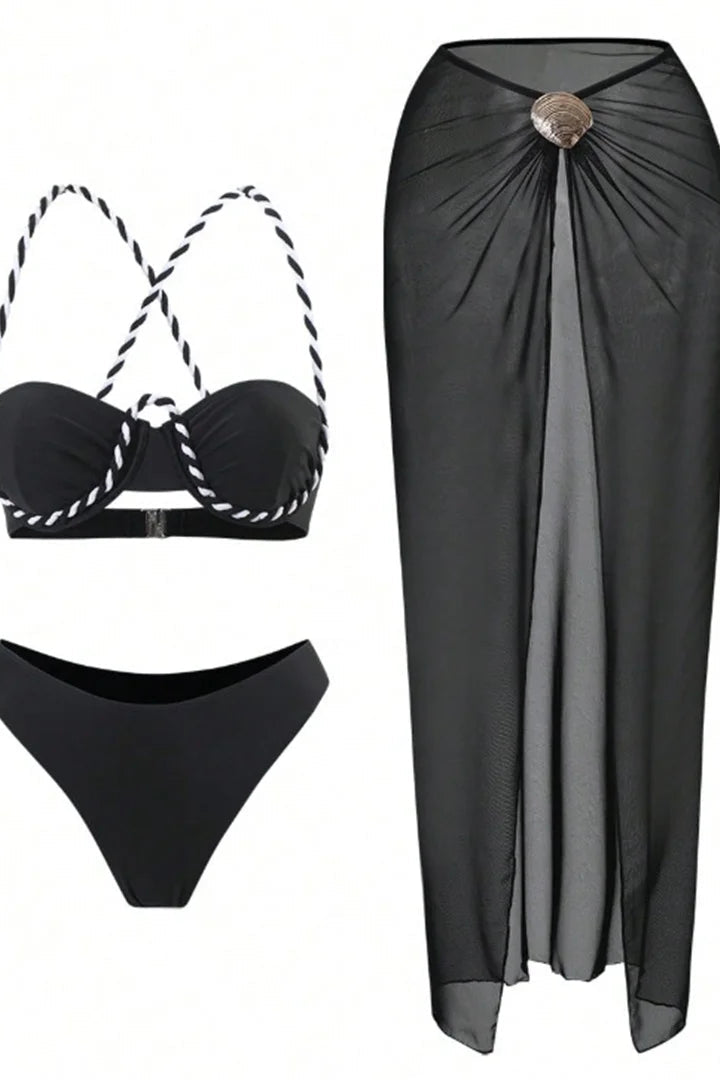 Black bikini set with white straps and a black skirt