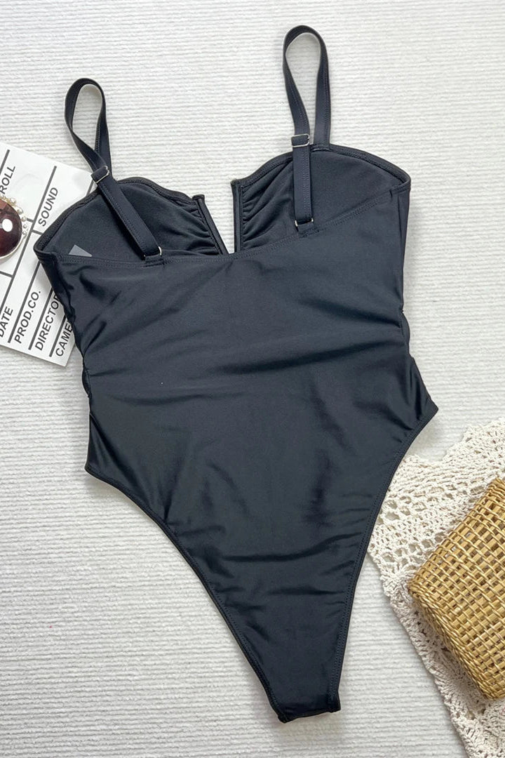 Black cutout floral detail padded V neck one piece