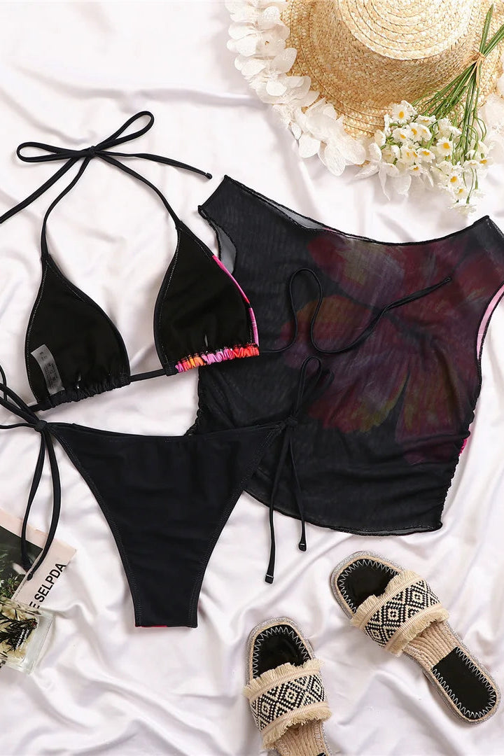 Black floral bikini with sheer cover up top
