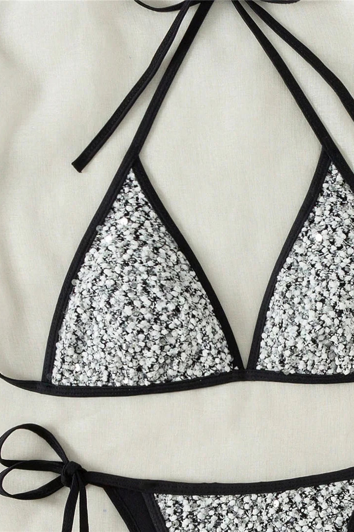 Black halter neck bikini top with sparkling detail