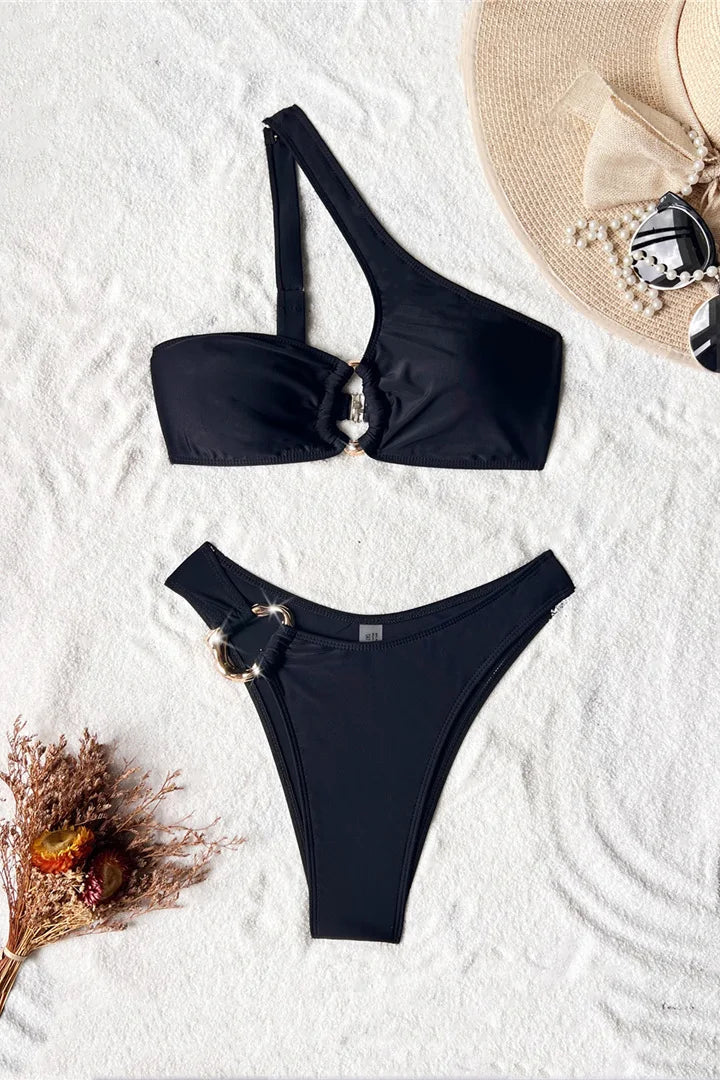 Black one shouldered padded bikini set 