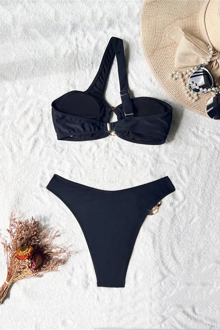 Black one shouldered padded bikini set with metal ring 