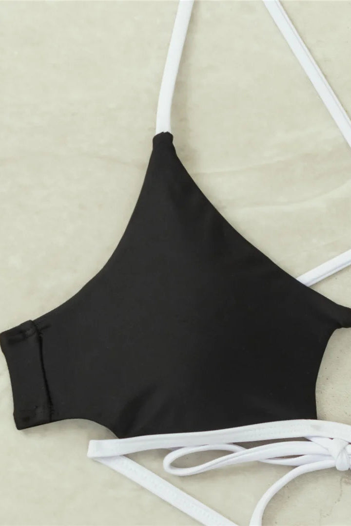 Black padded bikini top with white straps 