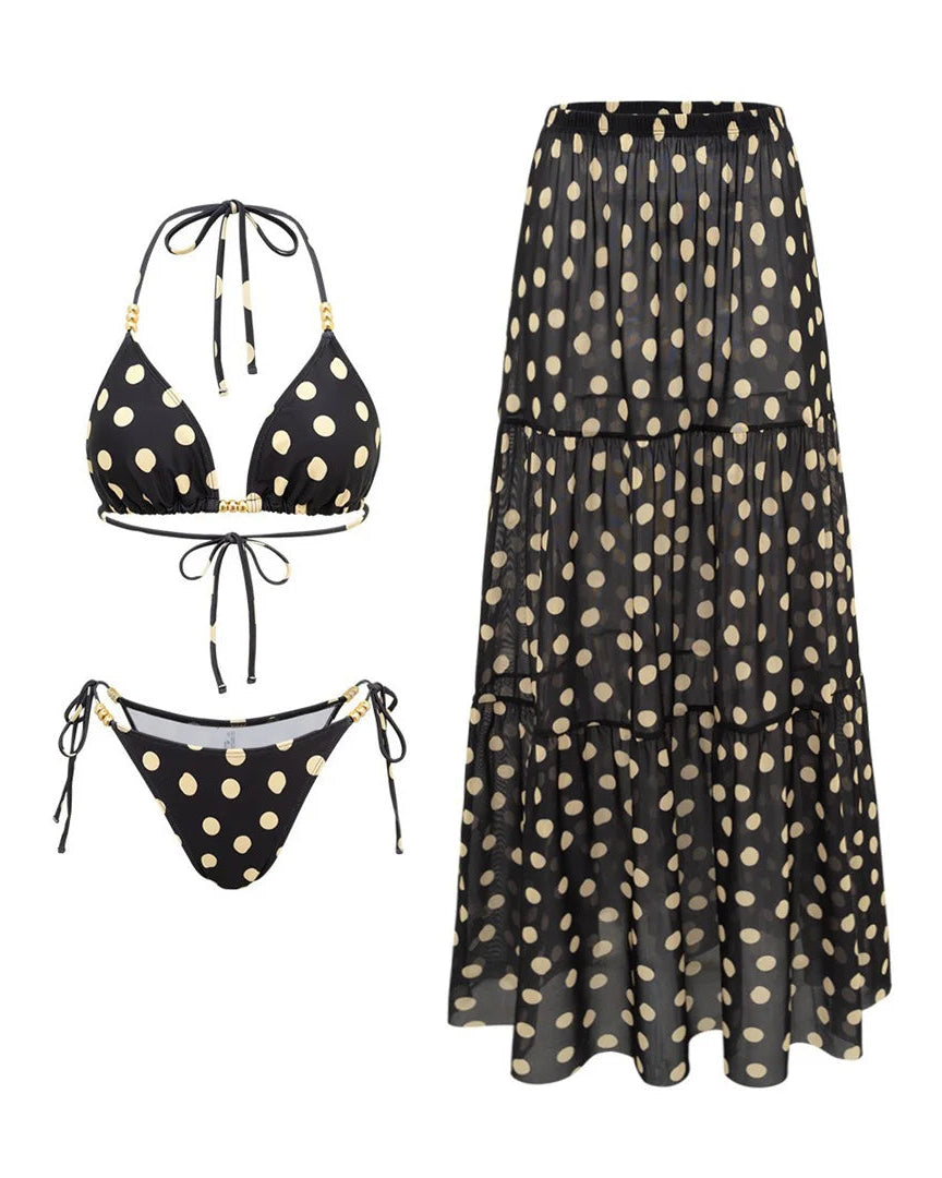 Black polka dot bikini set and long sheer cover up skirt 
