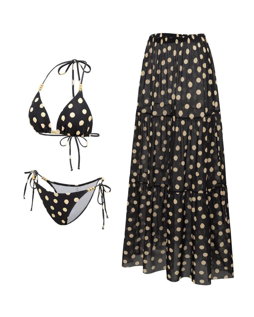 Black polka dot bikini set with matching long skirt 