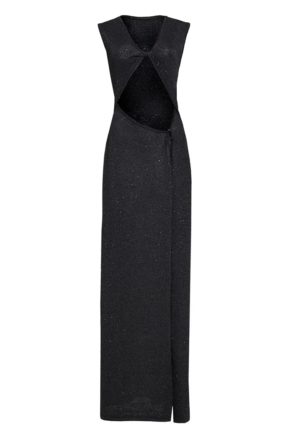 Black sleeveless dress with a V-neckline on a white background