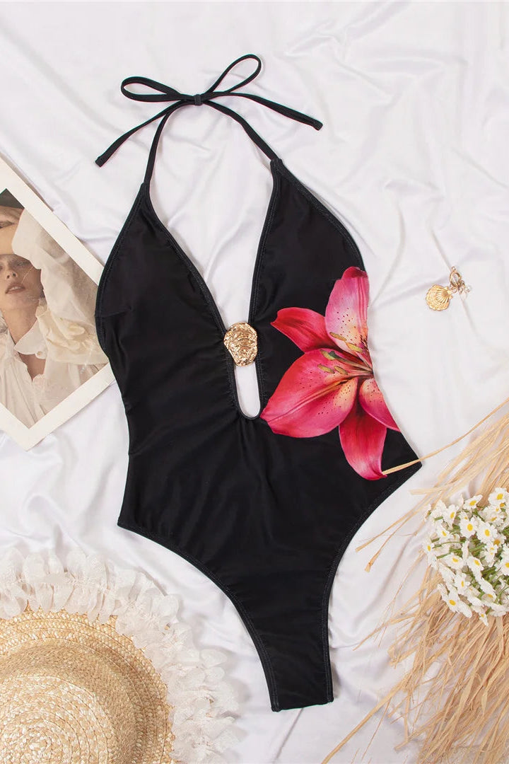 Black swimsuit with pink floral design monokini