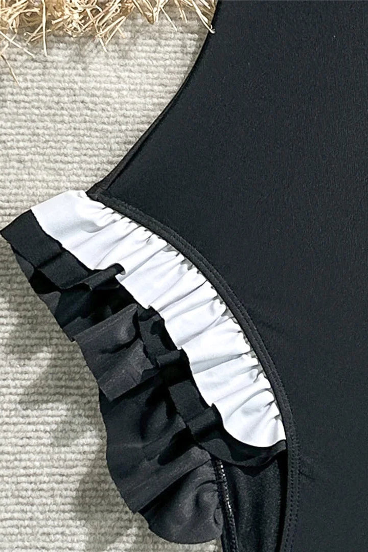 Black swimsuit with white ruffle trim one piece swimsuit 