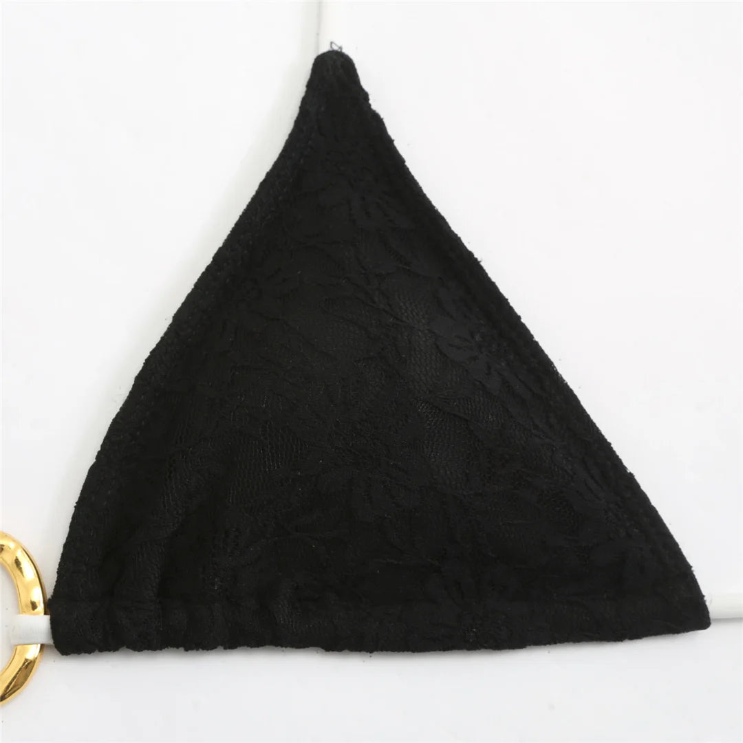 Black triangle-shaped bikini with gold accents