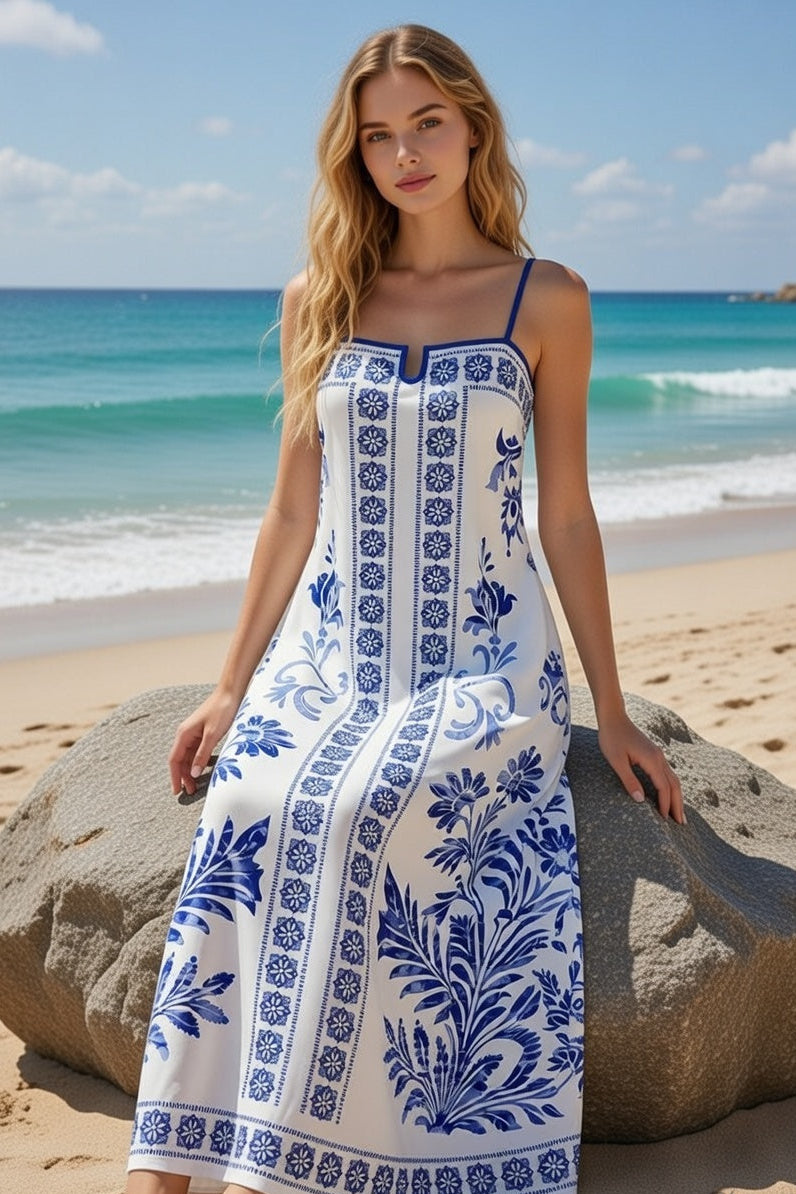 Blue Floral Boho Crochet Square Neck Beach Dress