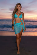 Blue Sequins Bikini with Mini Sarong Three Piece Set