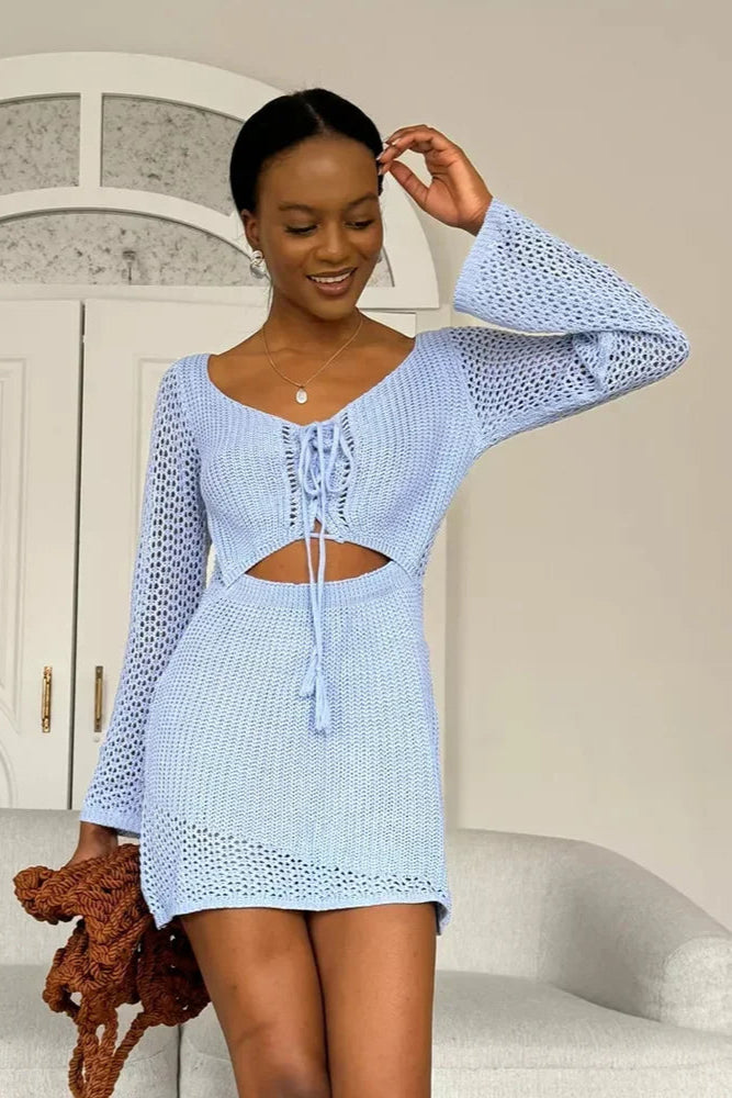 Blue  Summer Knit Dress – V-Neck Beach Cover-Up