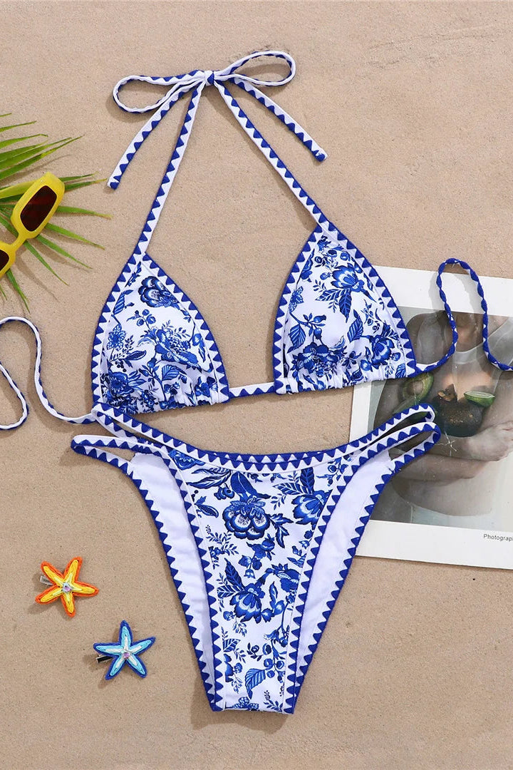 Blue and white patterned Wire-free bikini top with padding,
