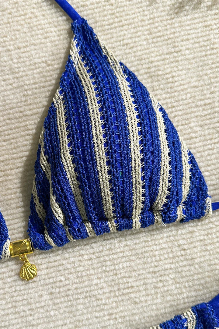 Blue and white striped halter neck padded bikini top 