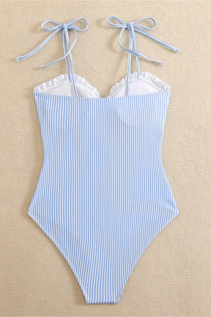 Blue and white striped swimsuit with tie straps padded one piece 