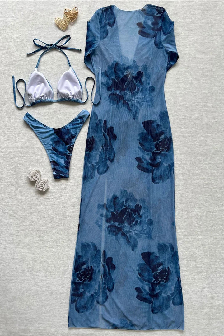 Blue denim colored halter bikini set with matching maxi dress sheer cover up