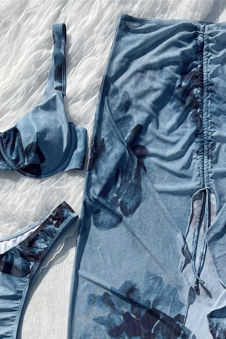 Blue denim style underwire bikini set with cover up skirt