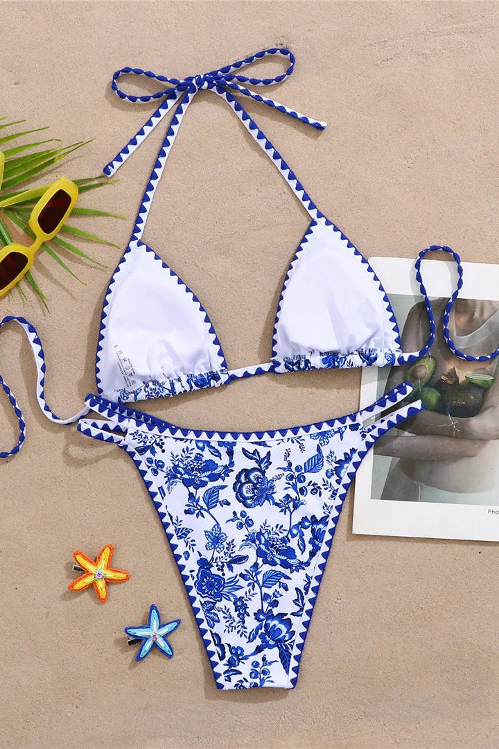 Blue floral halter neck padded bikini set
