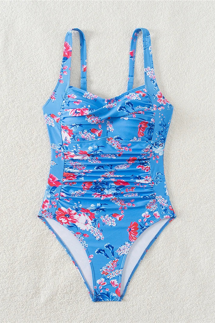 Blue floral one-piece swimsuit