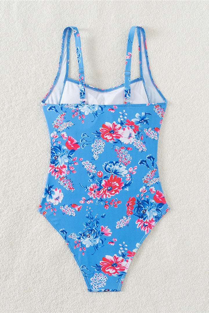 Blue floral padded monokini swimsuit