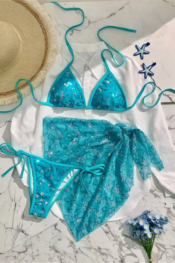 Blue sequined halter neck bikini with lace up bottom 