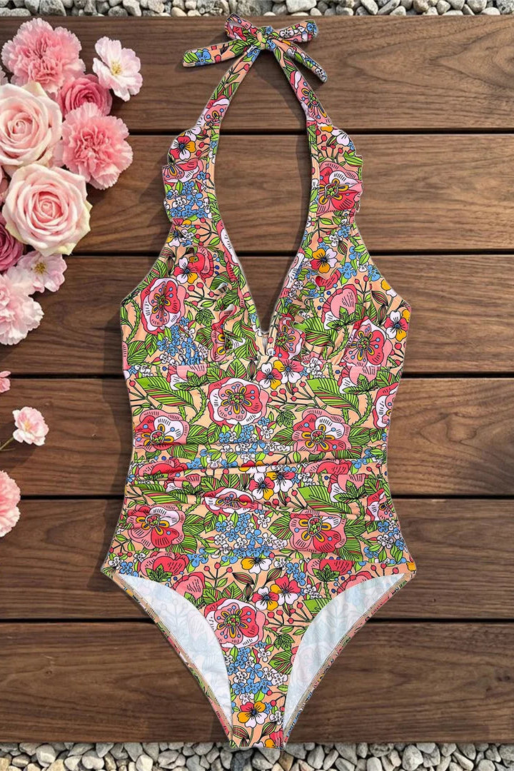 Boho Floral patterned padded halter swimsuit 