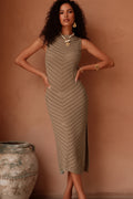 Brown Sheer Stripes Sleeveless Crochet Knitted Beach Cover Up
