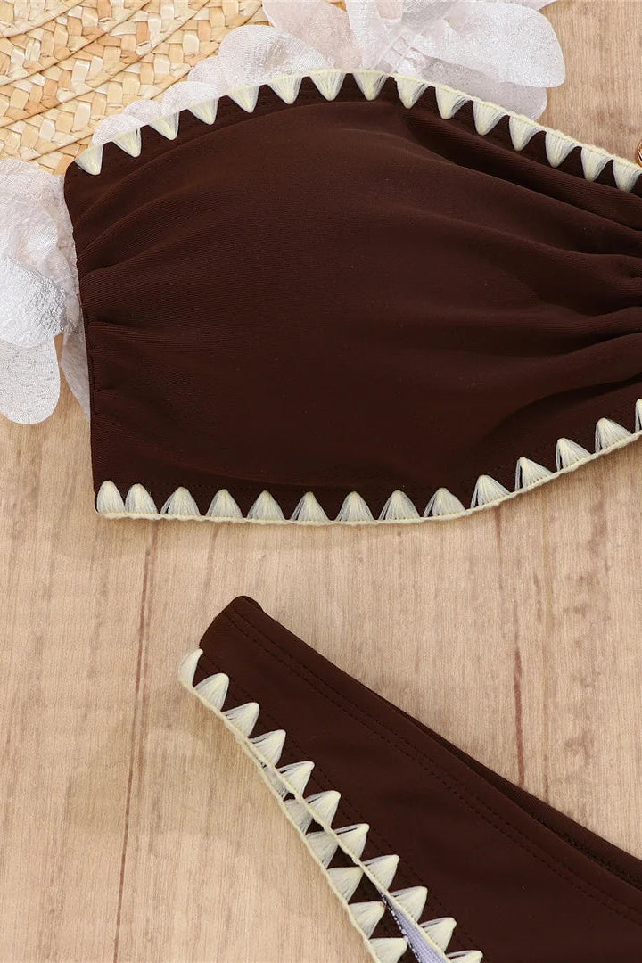 Brown bandeau bikini set with white trim 