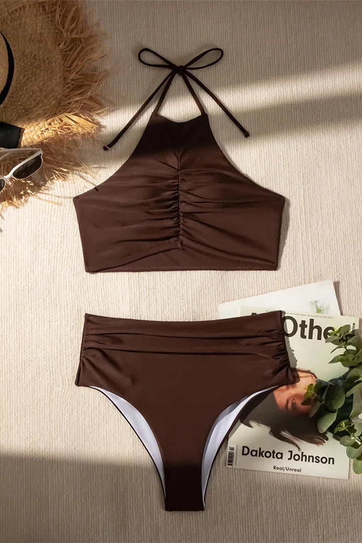 Brown bikini set with a magazine and plant on a beige surface