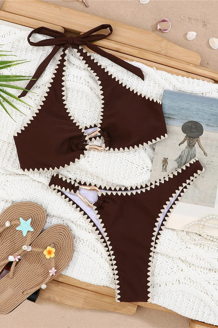 Brown bikini set with white lace trim Wire-free bikini top with padding