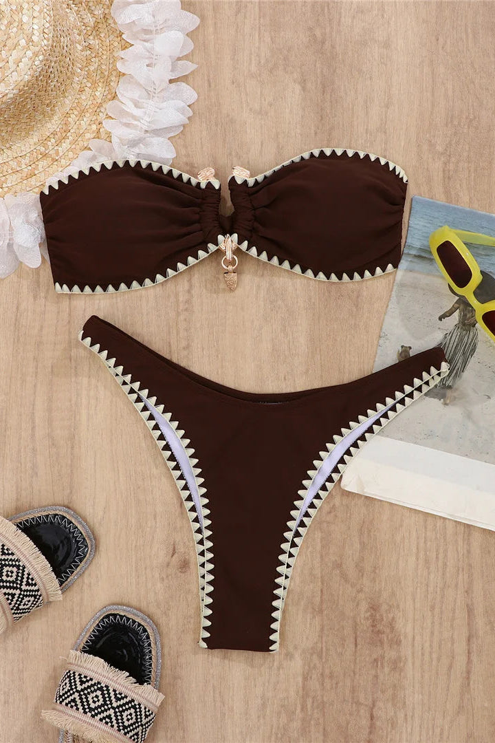 Brown bikini set with white trim