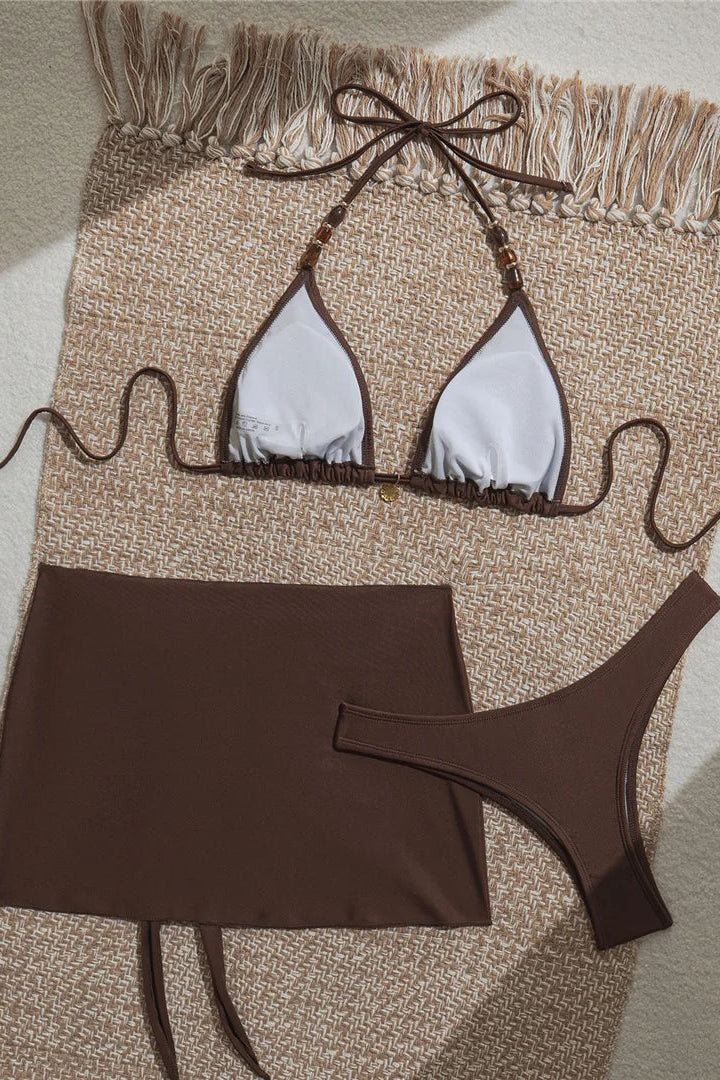 Brown halter neck padded bikini with matching bottom