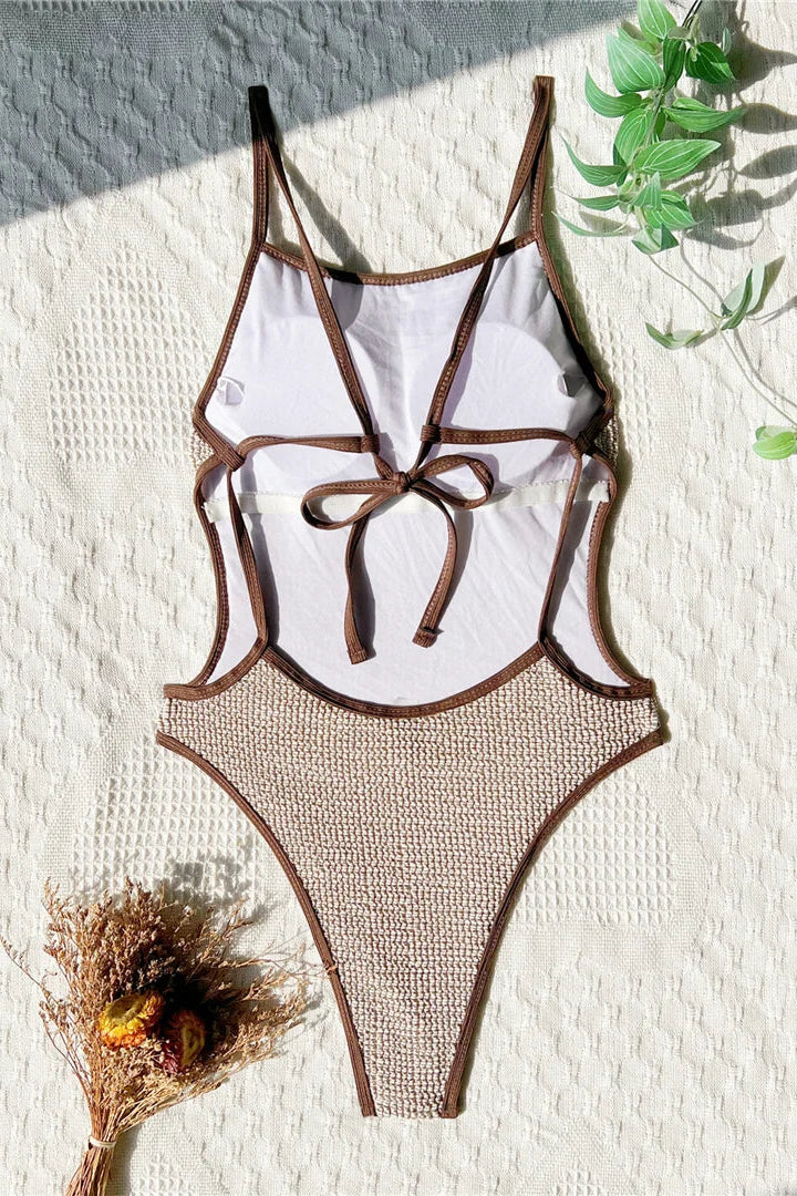 Brown one-piece swimsuit with cut out back and side design