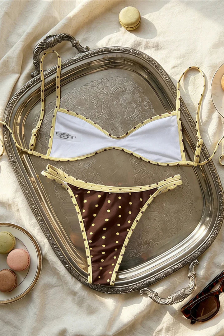 Brown polka dots Chic lace-up back adds a flattering and adjustable touch, creating a modern and fashion-forward swimwear silhouette.